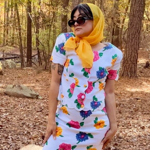 Adrienne Vittadini VTG 80s FLORAL COQUETTE two piece set: blouse + pencil skirt! - Picture 7 of 8